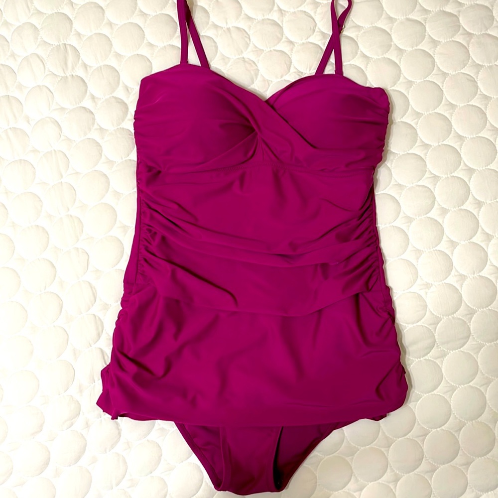 Magenta One Piece Swimsuit with Ruching and Skirt